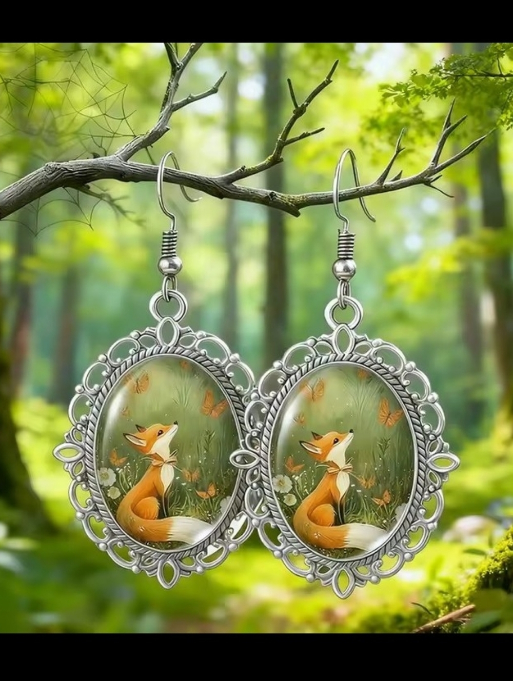 Vintage Earrings Oval‎ Fox Dangle Jewelry New G10